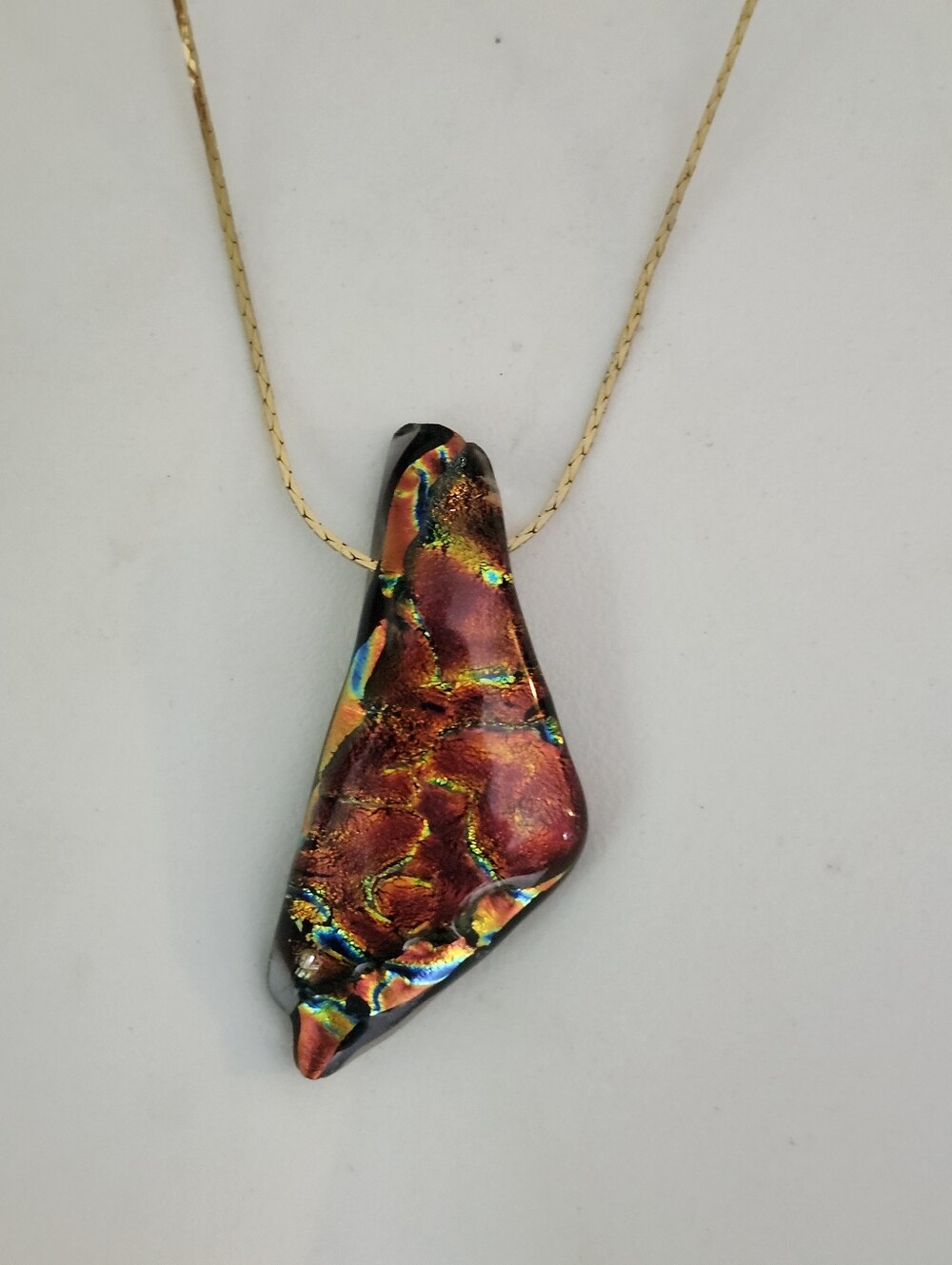 Dichoric Fused Iridescent Metallic Red Glass Pendant Necklace